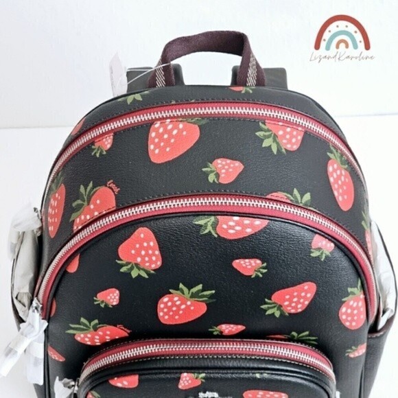New! Coach Court Backpack Wild Strawberry Print Pebbled Leather Bag - Picture 10 of 15
